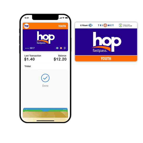 Valid Youth fares including a Hop card and a virtual Hop card on a phone