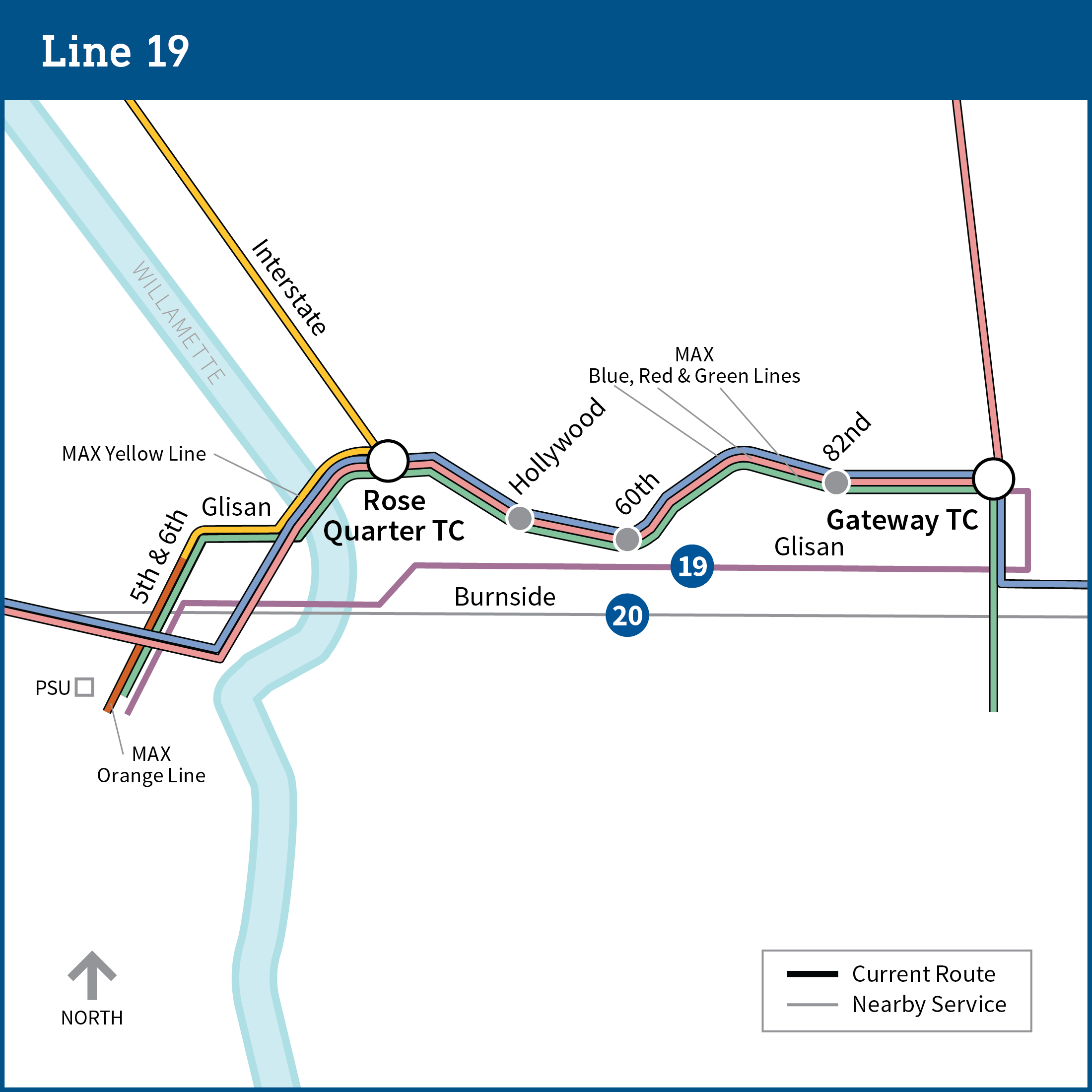 Map of SE Portland shows current bus route for line 19 as well as other available transit lines in the area including line 20 and MAX Orange, Yellow, Blue, Red, and Green lines.