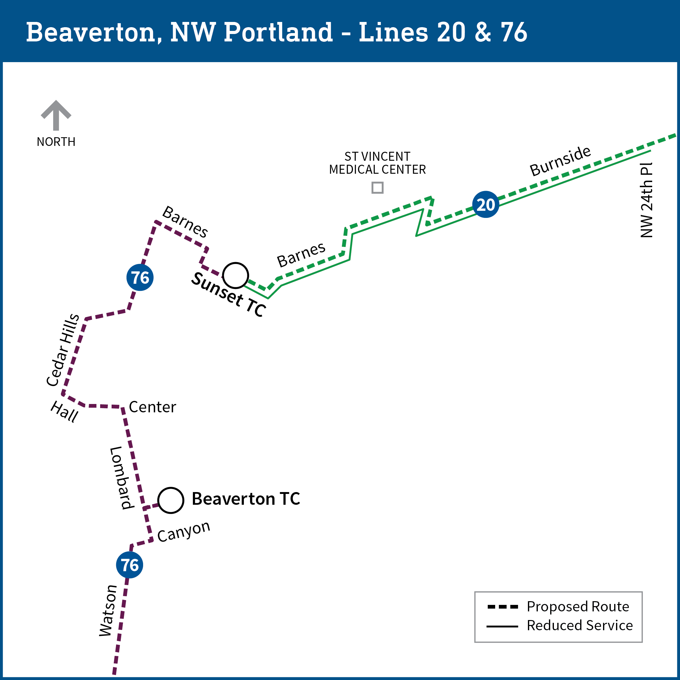 Map shows proposed route changes for bus lines 20 and 76, where line 76 would replace line 20 from Beaverton Transit Center to Sunset Transit Center.