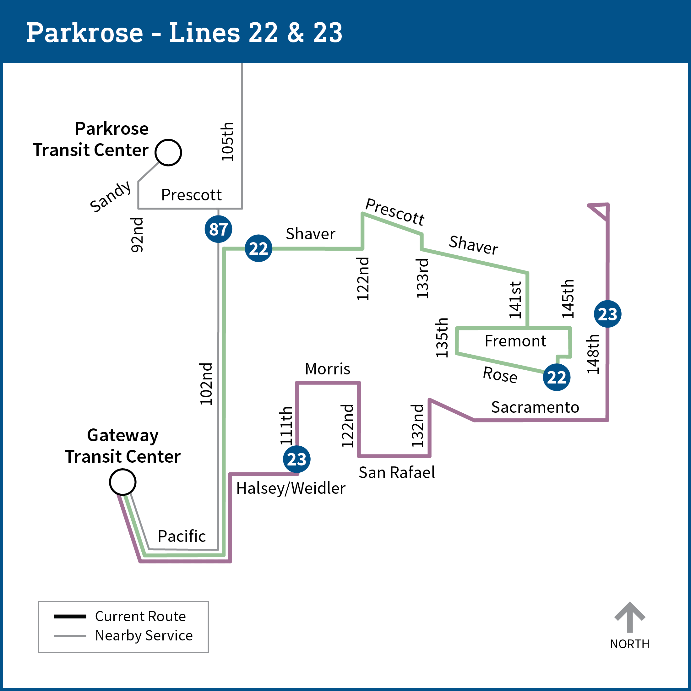 Map of the Parkrose area including Parkrose Transit Center and Gateway Transit Center with current routes for bus lines 22, 23 and 87.