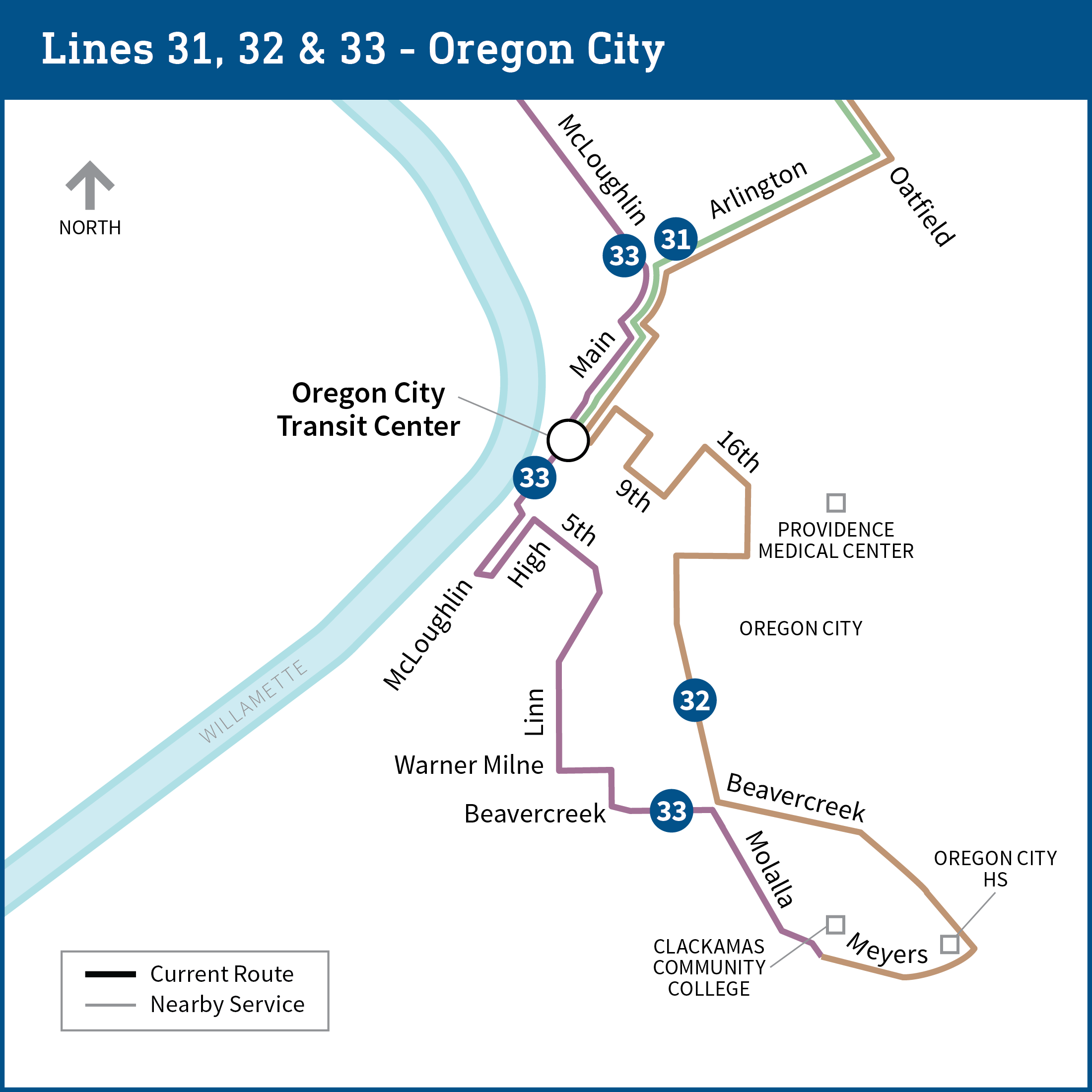 Map shows current routes for bus lines 31, 32 and 33 to and from Oregon City Transit Center.