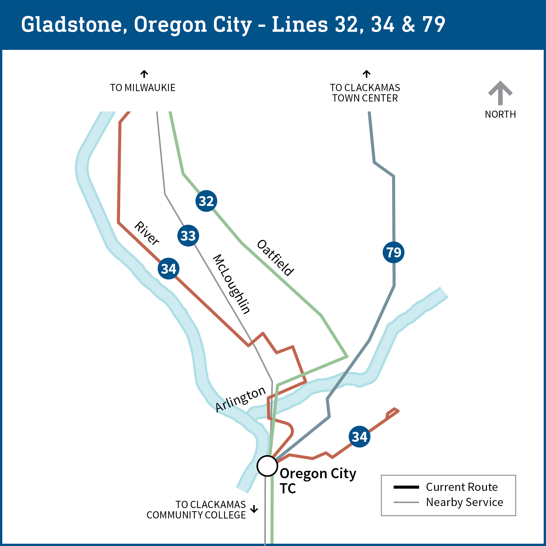 Map shows current routes for bus lines 32, 33, 34 and 79 to Oregon City Transit Center.
