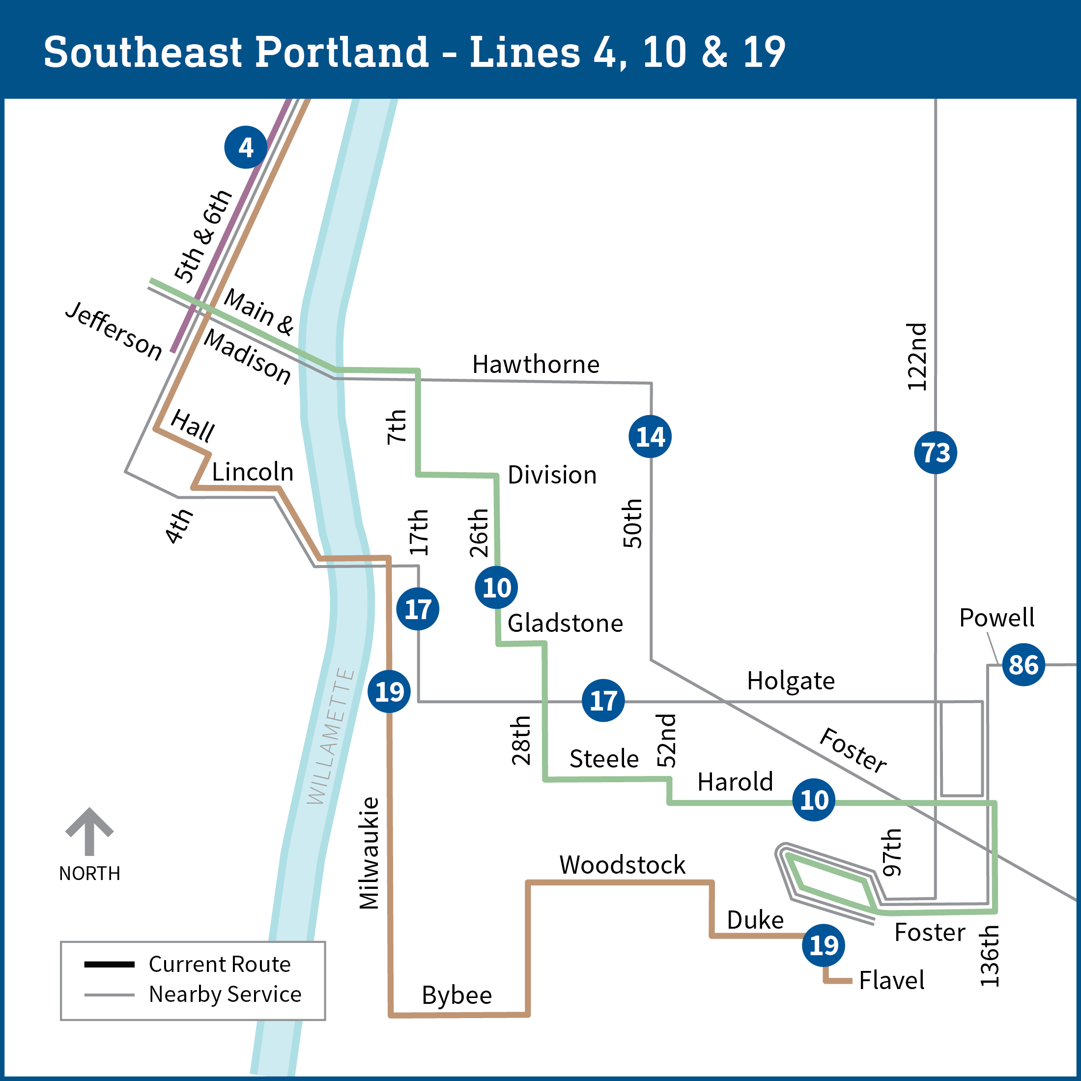 Map shows parts of southeast and downtown Portland with current transit lines, including bus lines 4, 10, 14, 17, 19, 73, and 86.